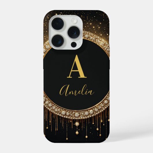 Benutzerdefinierter Name Schwarzer Glitter Monogra iPhone Hülle (Rückseite)