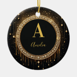 Benutzerdefinierter Name Schwarzer Glitter Monogra Keramik Ornament