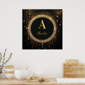 Benutzerdefinierter Name Schwarzer Glitter Monogra Poster (Küche)