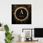 Benutzerdefinierter Name Schwarzer Glitter Monogra Poster (Heimbüro)