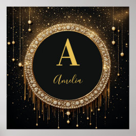 Benutzerdefinierter Name Schwarzer Glitter Monogra Poster