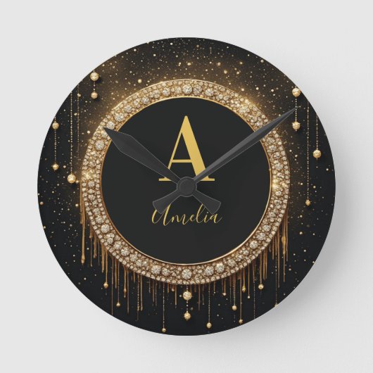 Benutzerdefinierter Name Schwarzer Glitter Monogra Runde Wanduhr (Vorderseite)