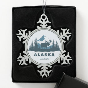 Benutzerdefinierter Name & Text ALASKA Schneeflocken Zinn-Ornament