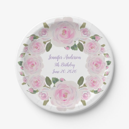 Benutzerdefinierter Name, Text, Rosa Rosen Papier Pappteller (Vorderseite)