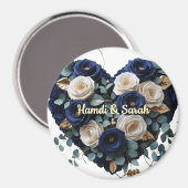 Benutzerdefinierter Navy-Gold-Blumenmonogramm-Rund Magnet (Vorderseite/Rückseite)