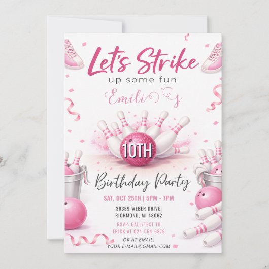 Benutzerdefinierter Pink Bowling Geburtstag Einladung (Vorderseite)