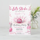 Benutzerdefinierter Pink Bowling Geburtstag Einladung (Stehend Vorderseite)