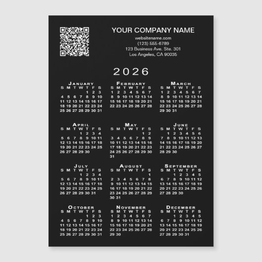 Benutzerdefinierter QR Code 2026 Kalender Schwarze Magnetkarte (Vorderseite)