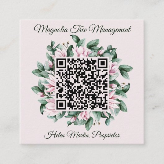 Benutzerdefinierter QR-Code Magnolische Blume-Rahm Quadratische Visitenkarte (Vorderseite)