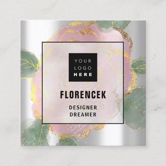 Benutzerdefinierter QR-CODE Silver Grey Green Rose Quadratische Visitenkarte (Vorderseite)