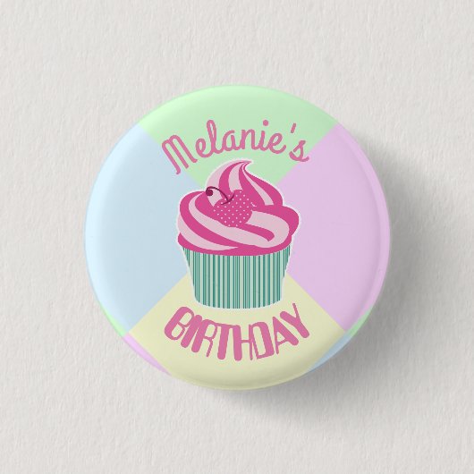 Benutzerdefinierter rosa Geburtstag-Cupcake person Button (Vorderseite)