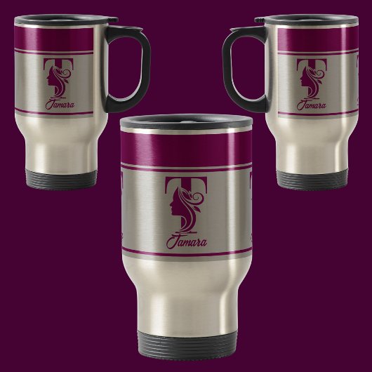 Benutzerdefinierter, rosa Name Monogram Letter (T) Reisebecher