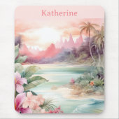 Benutzerdefinierter Rosa Tropischer Strand Name Mousepad (Vorne)