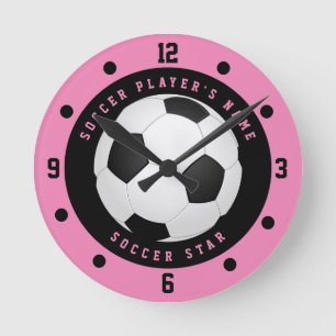 Benutzerdefinierter rosa und schwarzer Fußballstar Runde Wanduhr