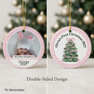 Benutzerdefinierter rosa Weihnachts-Gingham-Bogen Keramik Ornament