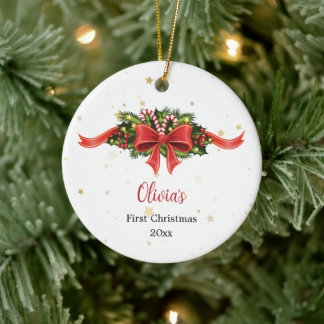 Benutzerdefinierter roter Bogen Erstes Weihnachtsb Keramik Ornament