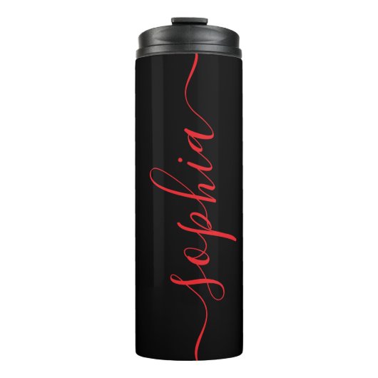 Benutzerdefinierter roter Schriftname schwarzer th Thermosbecher (Vorderseite)