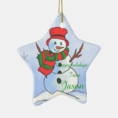 Benutzerdefinierter Schneemann auf blauem Hintergr Keramikornament (Rechts)