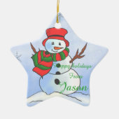 Benutzerdefinierter Schneemann auf blauem Hintergr Keramikornament (Vorne)