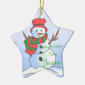 Benutzerdefinierter Schneemann auf blauem Hintergr Keramikornament (Links)