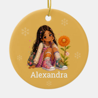 Benutzerdefinierter Schwarzer Haarmädchen-Name Keramik Ornament
