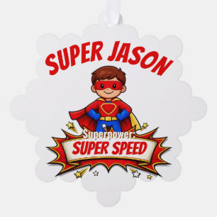 Benutzerdefinierter Superheldenname und Superkraft Ornament Karte