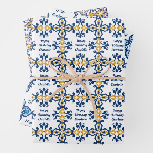 Benutzerdefinierter Text 💙 💛 3 Blaue und gelbe A Geschenkpapier Set (Beispiel)