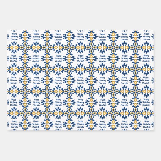 Benutzerdefinierter Text 💙 💛 3 Blaue und gelbe A Geschenkpapier Set (Vorderseite)