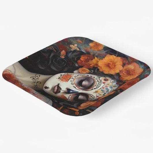 Benutzerdefinierter Text 💀 Artful La Calavera Cat Pappteller (Gewinkelt)