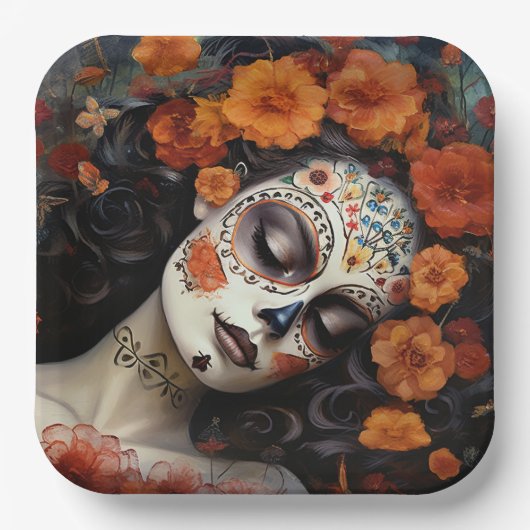 Benutzerdefinierter Text 💀 Artful La Calavera Cat Pappteller (Vorderseite)