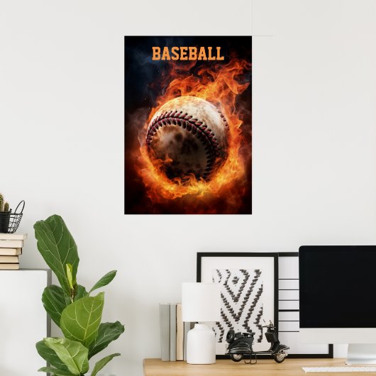 Benutzerdefinierter Text-Baseball auf Feuer Poster (Heimbüro)