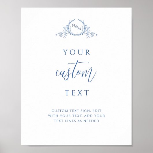 Benutzerdefinierter Text, Blue Monogram-Hochzeitss Poster (Vorne)
