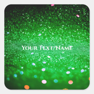 Benutzerdefinierter Text - Bokeh-Glitzer - Grün Quadratischer Aufkleber