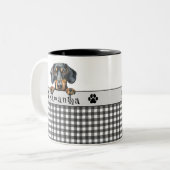 Benutzerdefinierter Text der Dackel-Mama Zweifarbige Tasse (Vorderseite Links)
