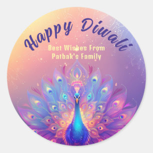 Benutzerdefinierter Text, Diwali Pfau Prächtig Runder Aufkleber