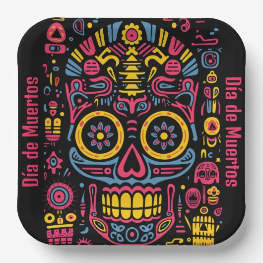 Benutzerdefinierter Text 💀 Doodstyle Día de Muert Pappteller (Vorderseite)