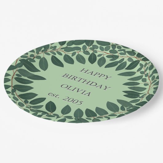 Benutzerdefinierter Text Eukalyptus Rahmen - grün Pappteller (Schrägansicht)