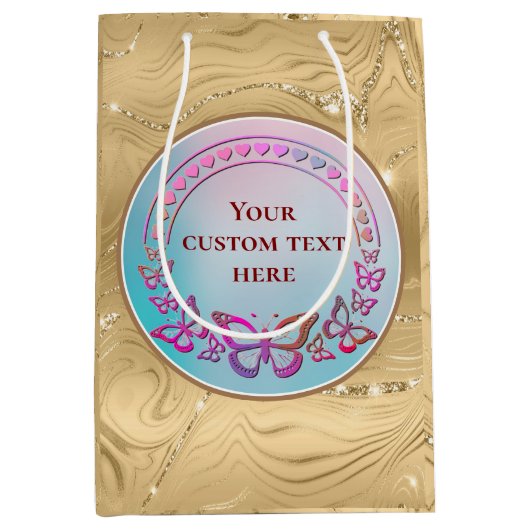 Benutzerdefinierter Text, farbige Schmetterlinge u Mittlere Geschenktüte (Vorderseite)