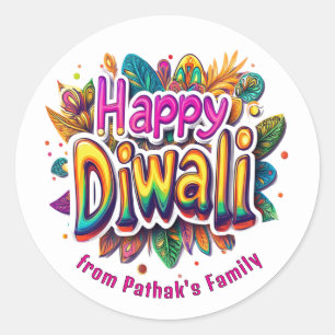 Benutzerdefinierter Text, Frohes Diwali-Blatt-Burs Runder Aufkleber