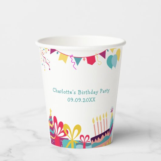 Benutzerdefinierter Text fröhliche farbige Geburts Pappbecher (Rückseite)