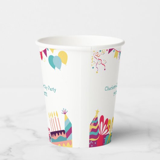 Benutzerdefinierter Text fröhliche farbige Geburts Pappbecher (Rechts)