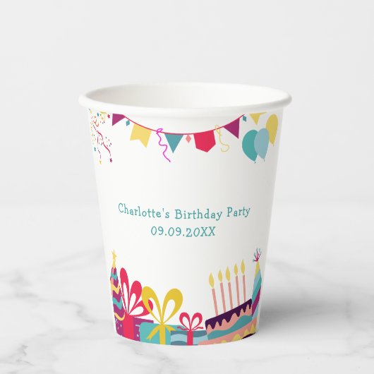 Benutzerdefinierter Text fröhliche farbige Geburts Pappbecher (Vorderseite)