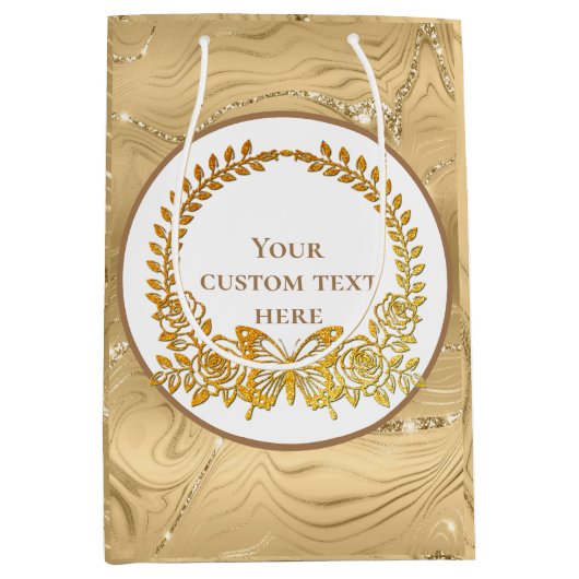 Benutzerdefinierter Text, Goldschmetterling und Bl Mittlere Geschenktüte (Vorderseite)