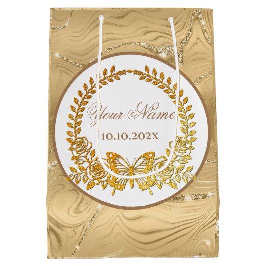 Benutzerdefinierter Text, Goldschmetterling und Bl Mittlere Geschenktüte (Rückseite)