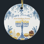 Benutzerdefinierter Text Hanukkah Harmony Keepake Keramik Ornament<br><div class="desc">Dieses charmante Hanukkah Keramik Circle Ornament, genannt "Hanukkah Harmony Keepake", ist eine reizvolle Ergänzung zu jeder Urlaubsstimmung. An der Vorderseite befindet sich eine elegante Menorah mit leuchtenden Kerzen, umgeben von zarten blauen und goldenen Blätter und Münzen, die den festlichen Geist von Hanukkah widerspiegeln. Das anmutige Drehbuch "Happy Hanukkah" an der...</div>