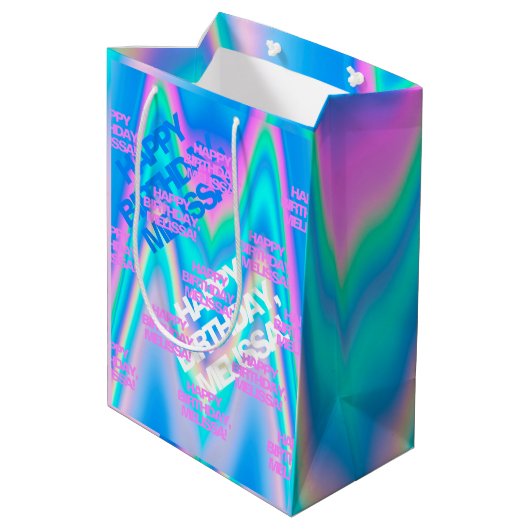 Benutzerdefinierter Text: Holografisches Eyekattie Mittlere Geschenktüte (Rückseite Schrägansicht)