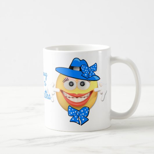 Benutzerdefinierter Text lächelt Emoji in Blue Hat Kaffeetasse (Rechts)