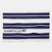 Benutzerdefinierter Text Navy Blue und White Strip Geschirrtuch (Horizontal)