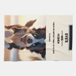 Benutzerdefinierter Text, niedlicher Schwarzweißhu Geschirrtuch