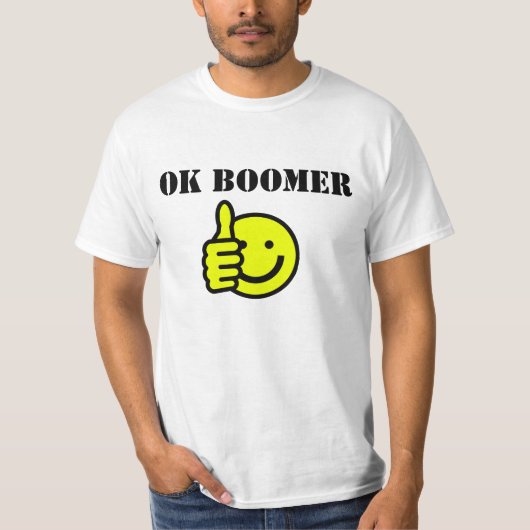 Benutzerdefinierter Text OK Boomer Gelbe Happy-Ges T-Shirt (Vorderseite)